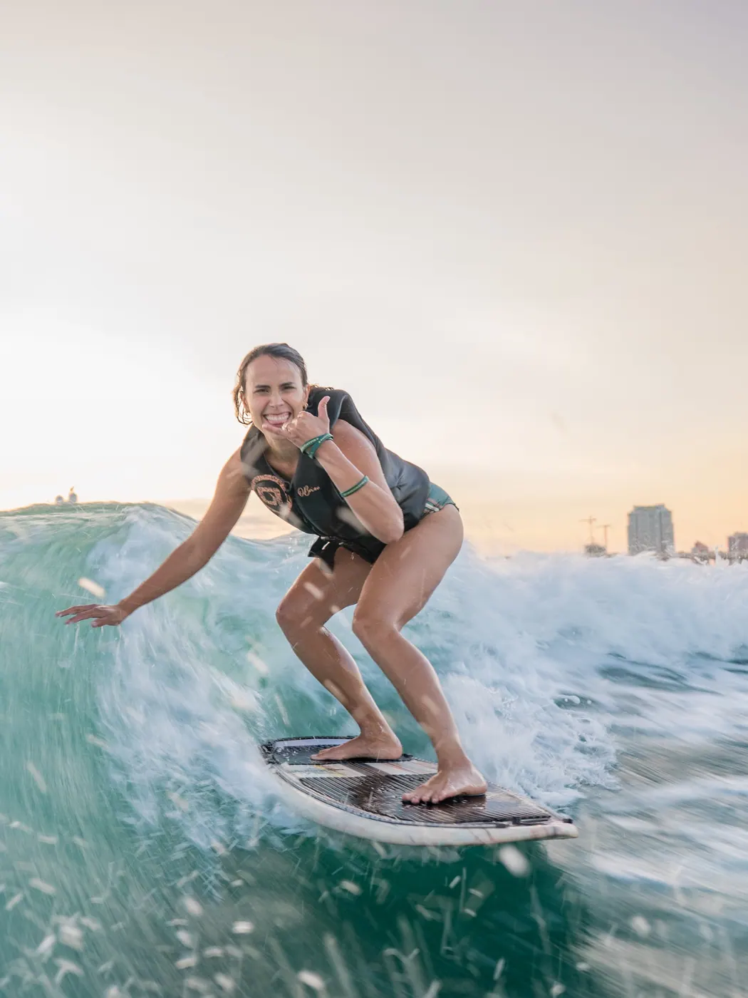 Golden-hour wakesurfing beside the Miami skyline